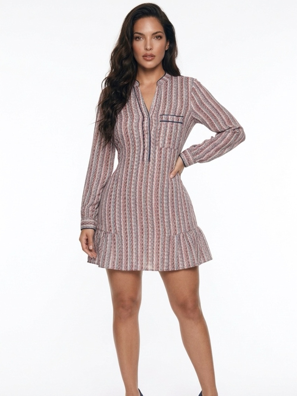 BCBGMaxAzria Red, Blue & White Striped Casual Button-Down Shirt